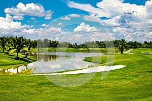 Beautiful fairway sand bunkers and lake in the golf course northern of Thailand