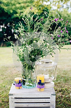 Beautiful fairy dreamy magic burdock thorns, camomile flowers in large glass jar