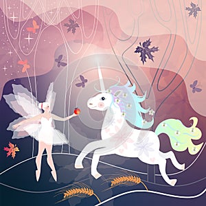 Beautiful fairy girl meets white unicorn in magic forest, where leaves and butterflies fly