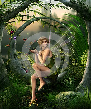 Beautiful Fairy Girl Playing with Butterflies in an Enchanting Fantasy Forest photo