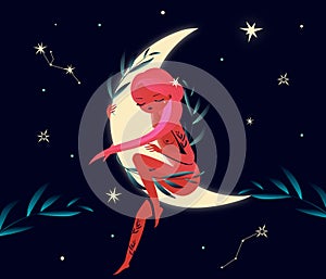 Beautiful fairy girl sitting on the Moon at starry night and sleep. Mystic illistration