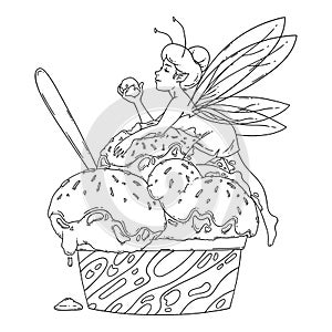 Beautiful fairy lies on balls of ice cream. Food art, summer refreshing concept, traditional seasonal