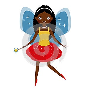 Beautiful fairy with magic wand. Winged elf princess. Cartoon style, african american fairy character