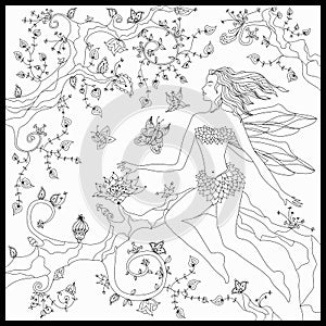 Beautiful fairy sitting on the magic tree. Coloring book anti stress for adults. Vector illustration. Black and white in zentangle