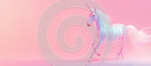 Beautiful fairy sparkling iridescent surreal unicorn running against pastel peachy color background. Y2k aesthetic