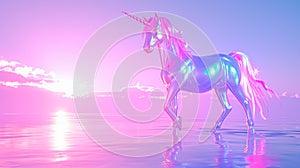 Beautiful fairy sparkling iridescent surreal unicorn standing against pastel rainbow colors sunset. Y2k aesthetic