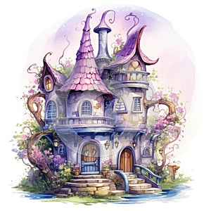Beautiful fairy tale castle. Watercolor cartoon illustration