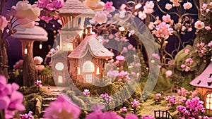 Beautiful fairy tale scene with fantasy houses and flowers. Fairy tale concept, AI Generated