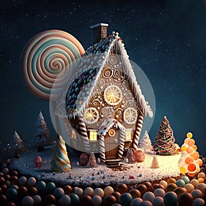 Beautiful fairy tale winter landscape with a gingerbread house