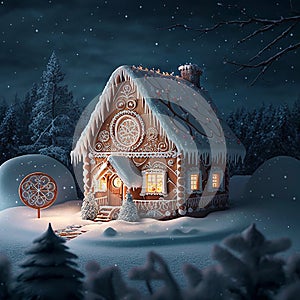 Beautiful fairy tale winter landscape with a gingerbread house