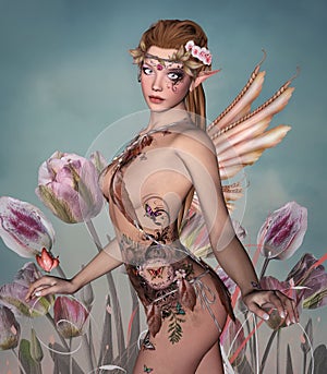 Beautiful fairy with tulips