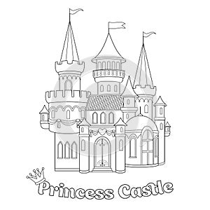 Beautiful fairytale castle for princess, magic kingdom. Sketch with vintage Palace. Coloring page for children. Wonderland.