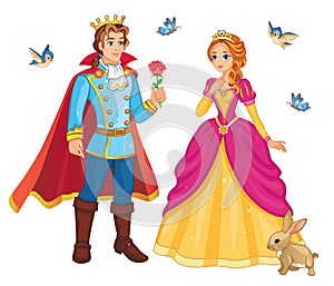 Beautiful fairytale Elf princess and prince with flower. Set characters. Children`s illustration, for print and sticker. Vector.
