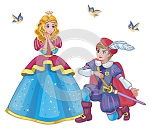 Beautiful fairytale Elf princess and prince with sword. Set characters. Children`s isolated illustration for print and sticker.