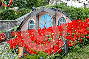 Beautiful fairytale house with lawn flowers