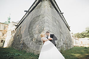 Beautiful fairytale newlywed couple hugging near old medieval castle