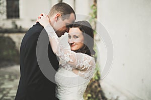 Beautiful fairytale newlywed couple hugging near old medieval castle