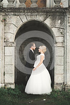 Beautiful fairytale newlywed couple hugging near old medieval castle