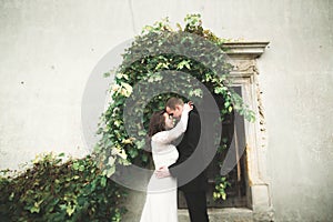 Beautiful fairytale newlywed couple hugging near old medieval castle