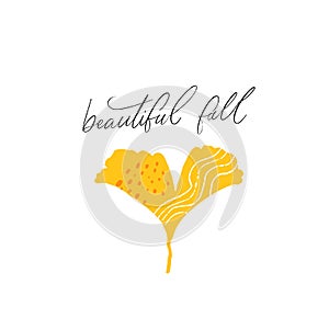 Beautiful fall calligraphy inscription and hand drawn gingko biloba leaf. Autumn banner, card or print design