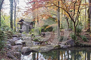 Beautiful fall color, mill wheel of Kyoto Botanical Garden