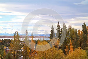 Beautiful Fall Foliage of El calafate Town on Lago Argentino Lakeshore, Patagonia, Argentina