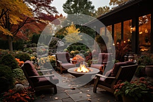 Beautiful fall garden, residential backyard with outdoor chairs and fire-pit with flame, cozy autumn lanscape design