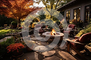 Beautiful fall garden, residential backyard with outdoor chairs and fire-pit with flame, cozy autumn lanscape design