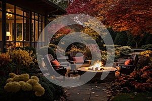 Beautiful fall garden, residential backyard with outdoor chairs and fire-pit with flame, cozy autumn lanscape design