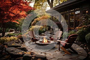 Beautiful fall garden, residential backyard with outdoor chairs and fire-pit with flame, cozy autumn lanscape design