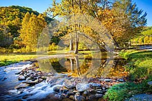 Beautiful fall scene with water, a bridge and a small waterfall