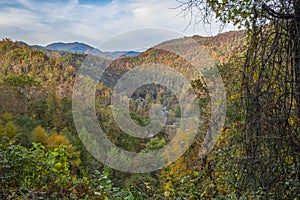 Beautiful fall view of a valley leading to mountain peaks in the distant