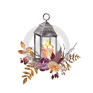 Beautiful fall vintage lantern arrangement on white background. Autumn decor with leaves, colorful flowers, tree branches.