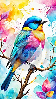 A beautiful and fantastic digital illustration depicting a vibrant and colorful bird perched on a branch on watercolor background photo