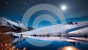 Fantastic winter landscape. Mountain lake at night in full moon light.AI Generated