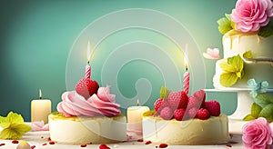 Beautiful fantasy birthday cakes with flowers, fruits and candles and copy space with a green background generative ai photo