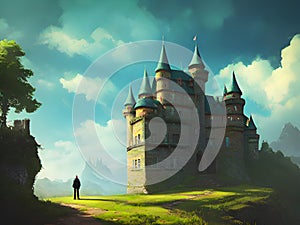beautiful fantasy castle on hill, Ai generated