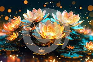Beautiful fantasy fairy tale shining lotus flowers sparkle in the dark at night.