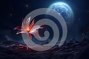 Beautiful fantasy flower with moon on the background and starry night sky. Surreal magical plant in galaxy