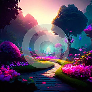 Beautiful fantasy garden with a path and flowers in the morning. Generative AI