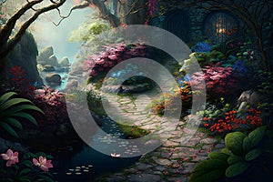 Beautiful fantasy garden with pond and flowers. 3D illustration.