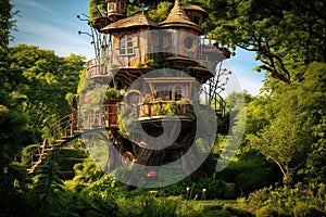 Beautiful fantasy garden with a wooden house on top of a tree, AI Generated