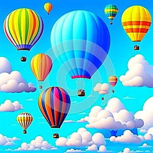 Beautiful fantasy hot air balloons against a blue sky and clouds