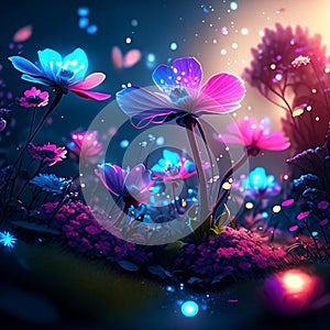 Beautiful fantasy landscape with flowers and magic lights. Vector illustration. generative AI