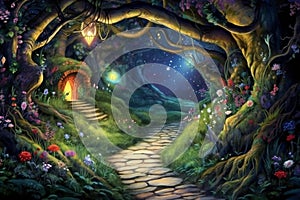 Beautiful fantasy landscape with magic forest,  Fantasy world,  Digital painting