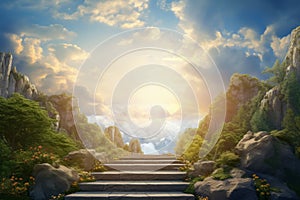 Beautiful fantasy landscape with spiritual pathway to heaven and paradise. Life after dead concept