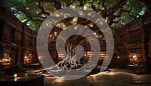 Beautiful fantasy library with growing giant oak in the middle. Tree of knowledge. Minimal abstract education concept.