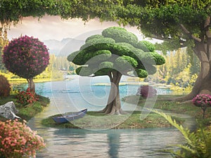 Beautiful fantasy little island with bonsai tree