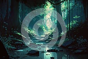 Beautiful Fantasy Magical Forest Scenery in Anime Art Style
