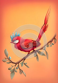 Beautiful fantasy red bird on a branch illustration